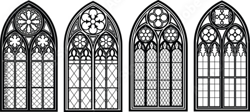 Gothic stained glass window vector, pointed arch tracery, medieval church design, ornate architectural icons, black line illustration, flat style
