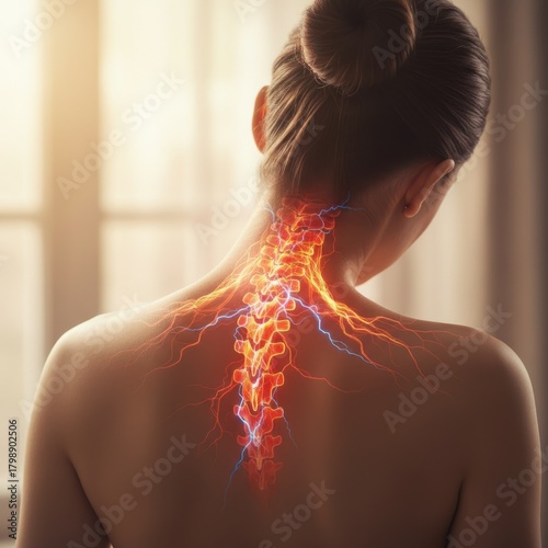 Woman's back showing glowing spine, severe nerve pain concept