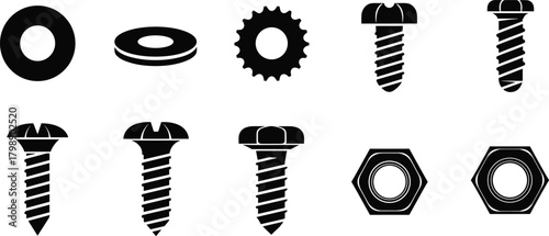 Hardware screw nut washer silhouette set, industrial fastener icons, mechanical tool components, black vector illustration for construction and engineering design