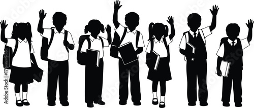 “Silhouette of school children standing and waving with backpacks and books in uniform isolated on white background”