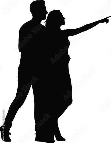 Elegant couple silhouette dancing together pointing forward concept vector
