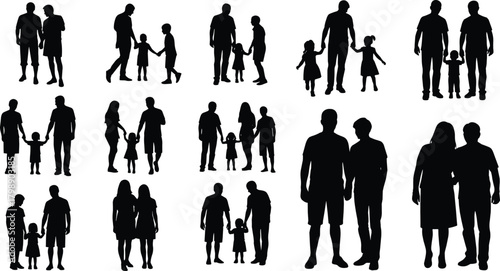 Family walking silhouette collection with parents and children, diverse poses, togetherness concept, black isolated illustration for design use