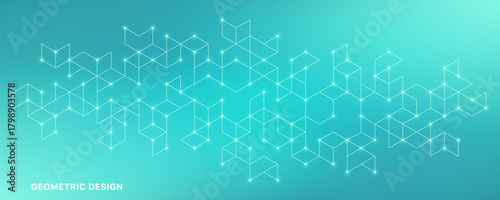 Abstract geometric cubes with connected dots and glowing lines on turquoise gradient background.