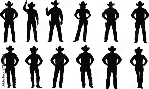 Cowboy and cowgirl silhouette vector, black Western icons, hat and boot graphics, pose clipart, wild west illustration, character design set