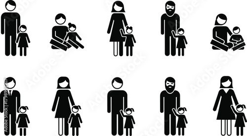 Family silhouette vector, adult and child icons, black parenting graphics, father mother daughter clipart, social relationship illustration, care design set