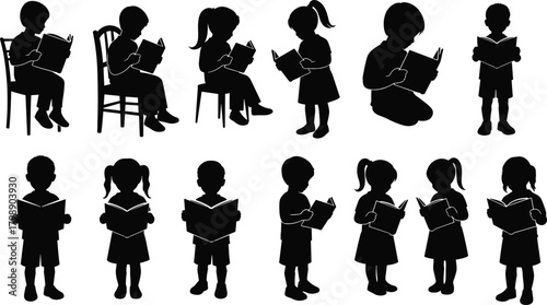 Silhouette children reading books in various poses, educational kids study concept, student learning activity vector illustration set