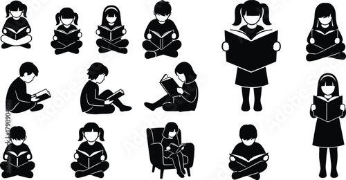 Silhouette collection of children reading books, kids studying in various poses, educational learning concept, black outline illustration set