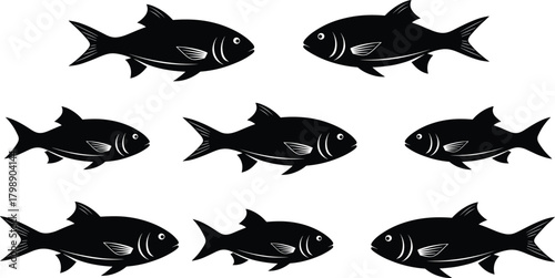 Fish silhouette vector, aquatic animal icons, black fish graphics, underwater creature clipart, marine life illustration, swimming fish shapes, ocean wildlife design