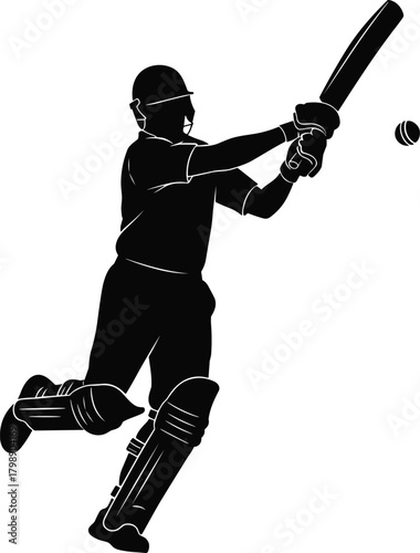 Silhouette cricket batsman hitting ball in dynamic action pose, professional player performing powerful shot, sports illustration for design