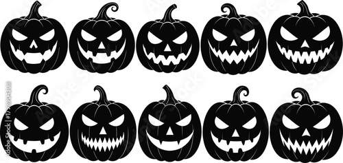 Halloween pumpkin silhouette vector, spooky jack-o'-lantern icons, carved face graphics, black festive clipart, scary expression design, holiday decoration illustration