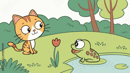 Cartoon cat and frog by pond with tulip and trees in background scene