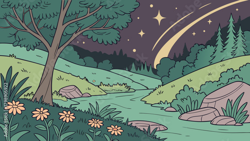 A scenic landscape with a shooting star illuminating the night sky above