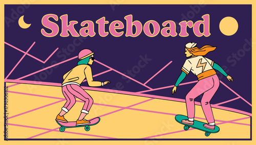 Retro skateboard design with two skaters and a vintage aesthetic style