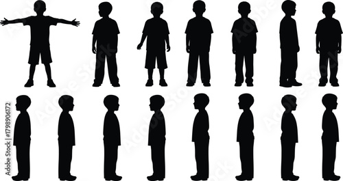 Vector collection of a young boy silhouette, showing 15 standing poses, front view, side profile, and T-pose, isolated for design use.