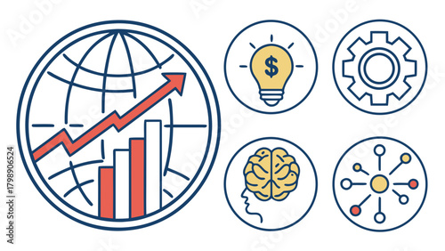 Business and technology icons depicting global growth isolated on