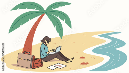Woman working on laptop under palm tree on beach with briefcase and files