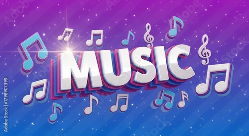 Dynamic 3d text spelling music surrounded by floating musical notes and sparkling lights