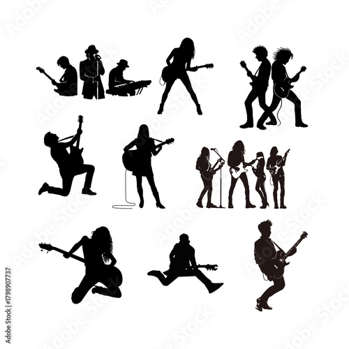 Dynamic guitarist silhouette striking a fierce rock pose, capturing intense energy, bold rhythm, and electrifying stage presence.