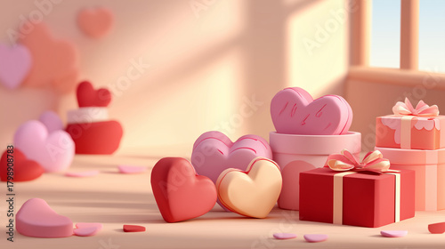 ピンクや赤のハートやプレゼントボックスがある可愛いバレンタイン素材
