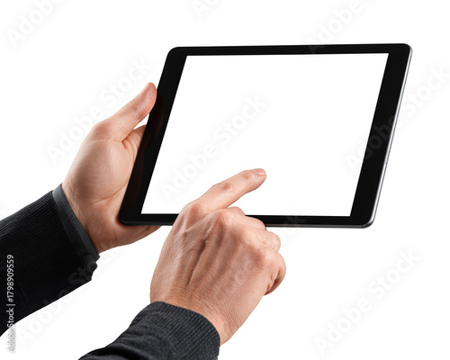 Business person hands touching blank screen tablet computer with pointing gesture, isolated on transparent background