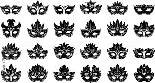 Masquerade mask vector set, black and white icons, carnival party masks, decorative feathers, ornate designs, festive graphic illustration