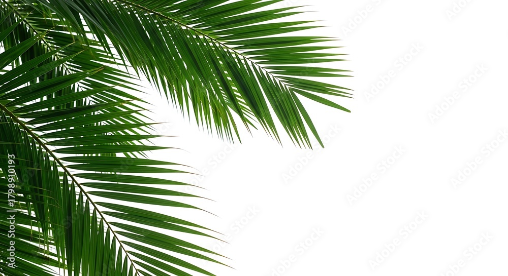 Naklejka premium Lush Exotic Palm Leaf Branches Creating a Natural Corner Frame on a Pure White Backdrop Ideal for Tropical Summer Designs Vacation Travel or Botanical Marketing Materials High Resolution Cut