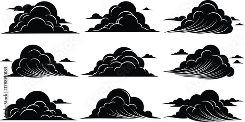Stylized cloud formations silhouette set, dynamic weather elements, decorative storm clouds illustration, atmospheric shapes for design, cad drawing flat vector illustration