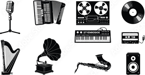 musical instruments, audio equipment, vintage microphone, accordion, vinyl record, harp,  studio icons, analog audio tools, orchestral elements, cad drawing flat vector illustration
