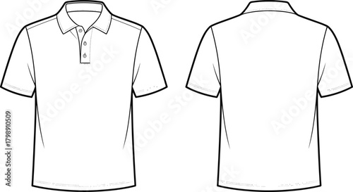 Blank polo shirt front and back technical fashion flat sketch, short sleeve apparel template for clothing design, vector outline illustration