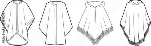 Collection of poncho and cape technical drawings, detailed vector fashion templates, apparel flat sketches for clothing designers, outerwear illustration set