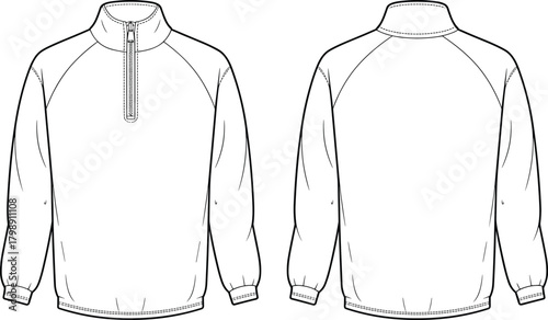 Half-zip pullover technical drawing, front and back view, detailed vector sweatshirt template, fashion design flat sketch for apparel designers, illustration