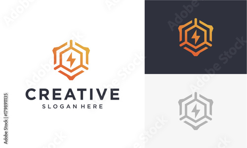 Lightning Bolt in Hexagon Shield: a modern logo concept, featuring a lightning bolt symbol enclosed within a hexagon, symbolizing energy, security, and innovation.