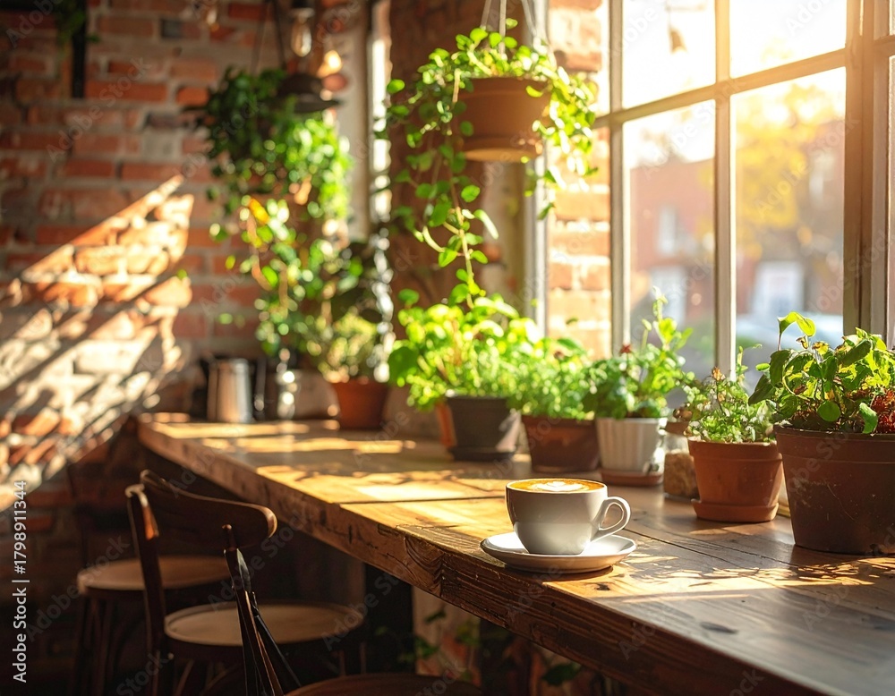 Fototapeta premium Rustic Café Interior with Hanging Plants and Latte Art