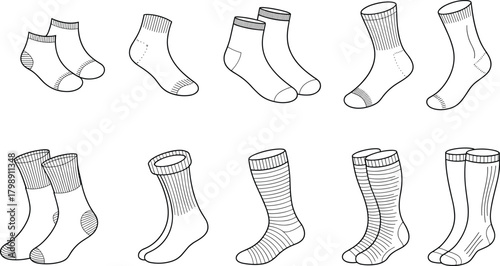 Collection of sock technical drawings, various lengths and styles, detailed vector apparel templates, fashion design flat sketches for clothing designers, illustration