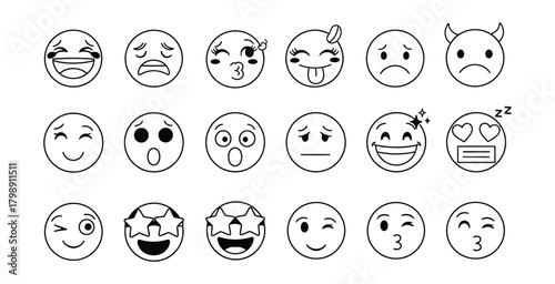 Collection of hand drawn emoji faces with various expressions, isolated on white background