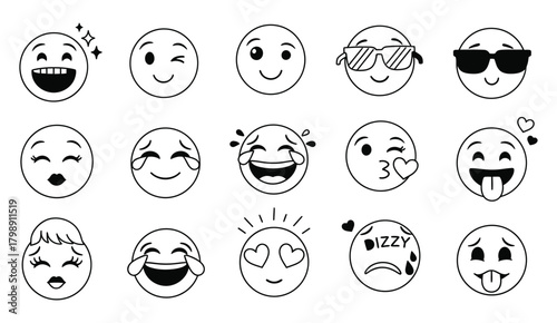 A variety of hand drawn emoji faces expressing different emotions like happiness, laughter, coolness, and silliness, isolated on a white background