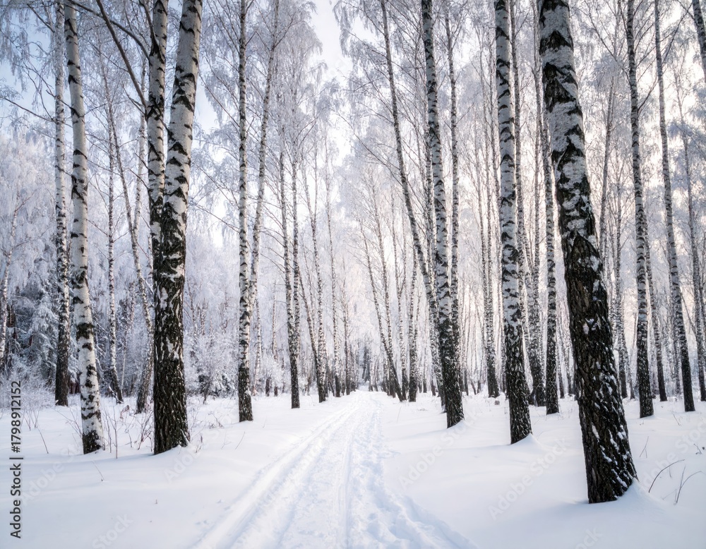 Fototapeta premium Winter forest scene with a path through snow-covered birch trees