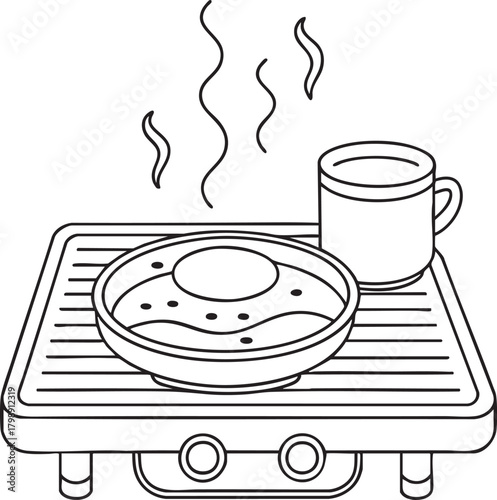Fried egg in bowl with steaming mug line art illustration for breakfast meal theme and simple kitchen concept design