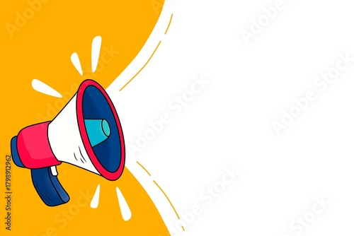 Red and white megaphone on a yellow background announcing news and important information on transparent background