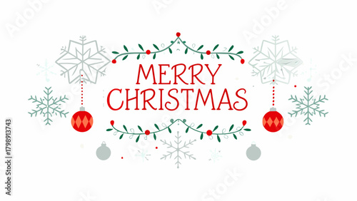 Festive merry christmas greeting with hanging ornaments and delicate snowflakes on a clean white background