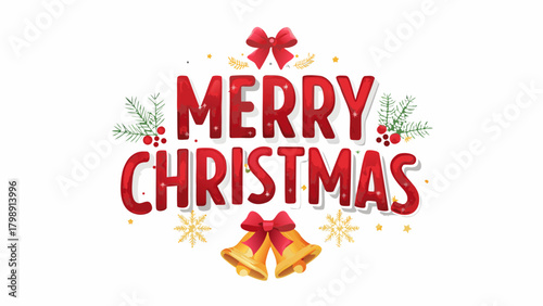 Festive red merry christmas text with holly berries pine branches golden bells and snowflakes decorations