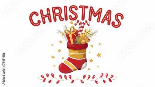 Festive christmas stocking overflowing with gifts candy canes pine branches and golden stars with holiday lights below