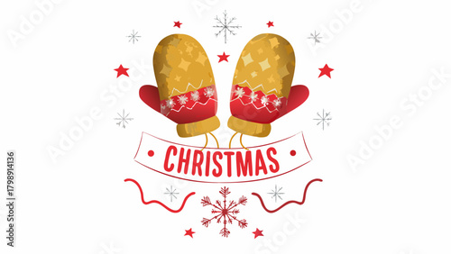 Festive christmas mittens with snowflakes and stars on a white background