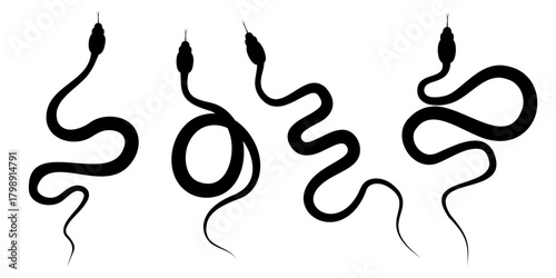 Snake silhouettes collection. Venomous viper, cobra snake illustration isolated. Set of design elements for logo, stickers, tattoo. Minimalist celestial snake icon set. Vector kit