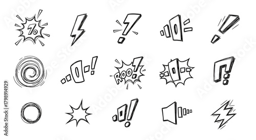 Cartoon doodle sketch set of exclamation marks and sound effects vector illustration design element art