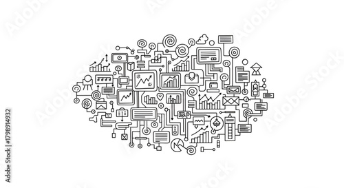 Data analytics illustration showing graphs charts and diagrams for business intelligence and analysis