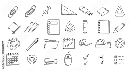 Office stationery supplies doodle vector illustration for back to school and work concept design
