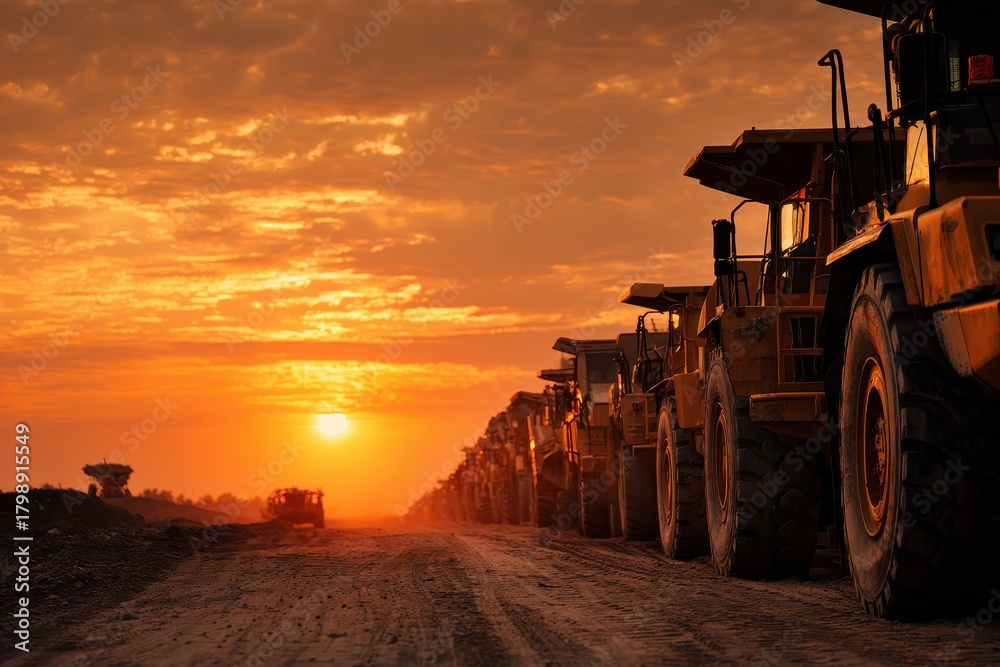 Fototapeta premium Construction trucks parked in a row on a dirt road during sunset in a construction site under a colorful sky