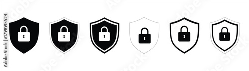 Set of security shield icons, security shields logotypes with padlock. Security shield symbols. Vector illustration.