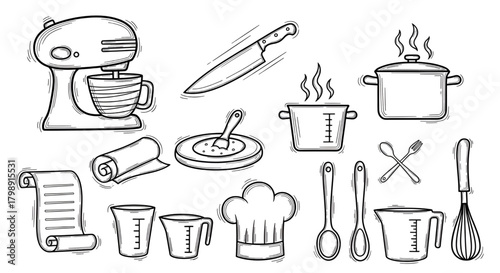 Cooking kitchen tools utensils sketch vector illustration recipe preparation equipment baking ingredients 100